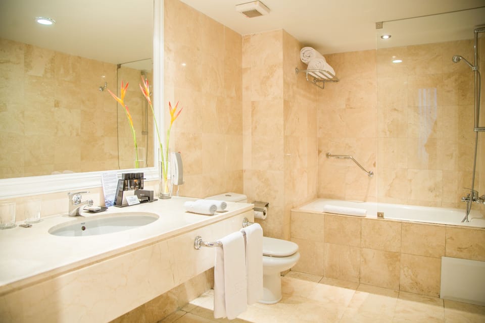 Eco-friendly toiletries, hair dryer, bathrobes, towels