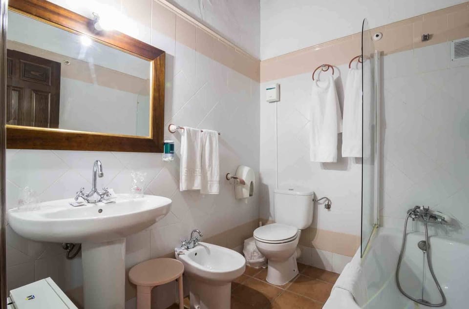 Combined shower/tub, rainfall showerhead, bidet, towels