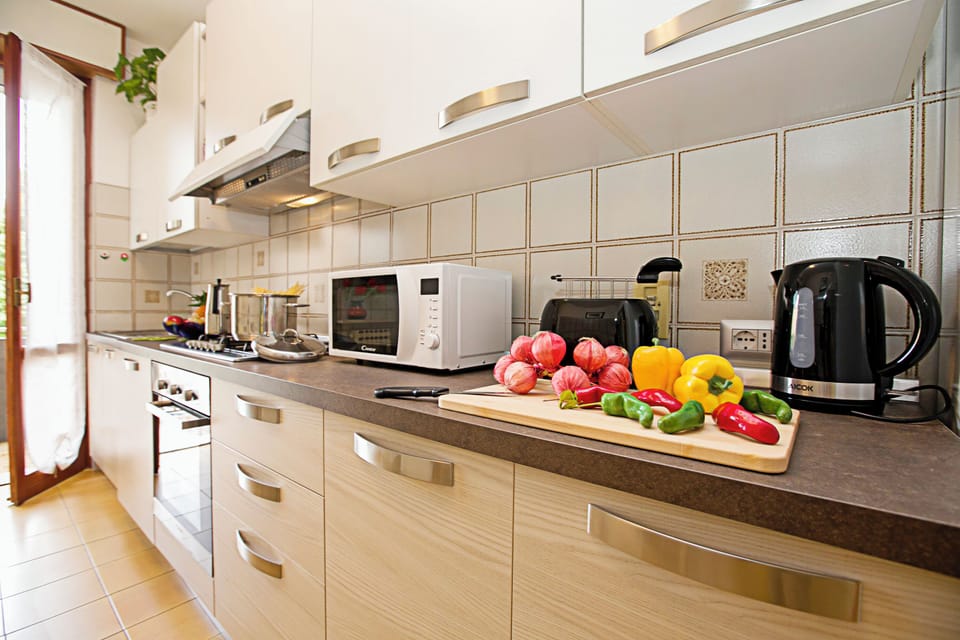 Full-size fridge, microwave, oven, stovetop
