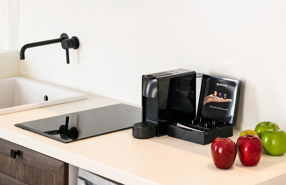 Fridge, microwave, stovetop, espresso maker