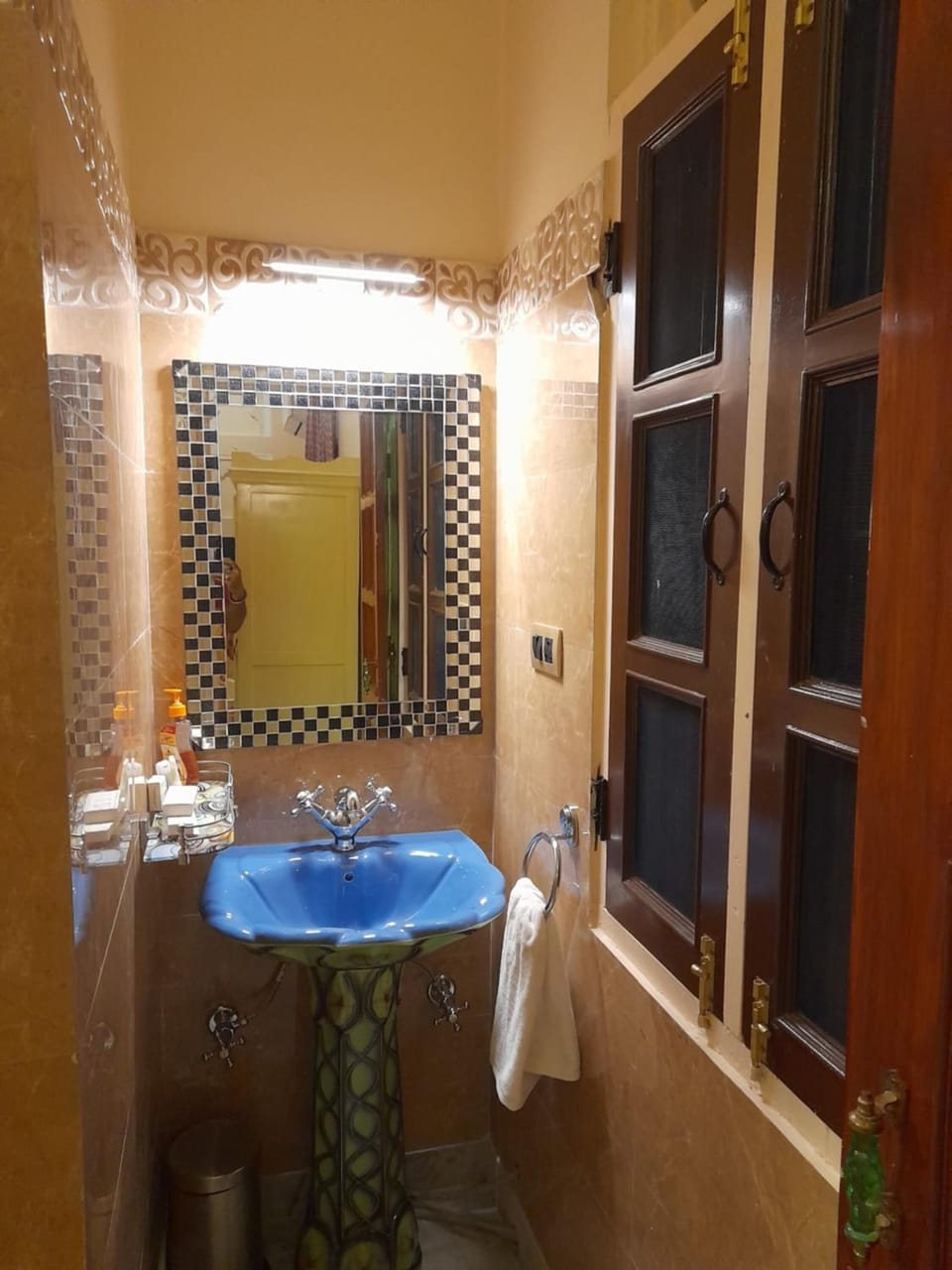 Shower, bathrobes, slippers, towels