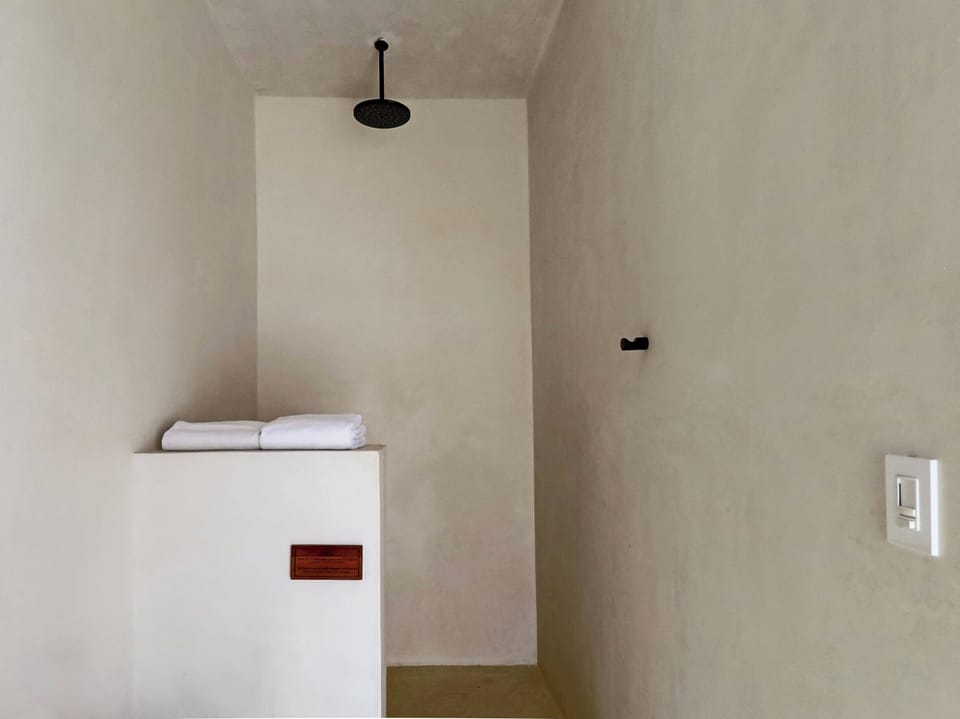 Shower, rainfall showerhead, hair dryer, towels