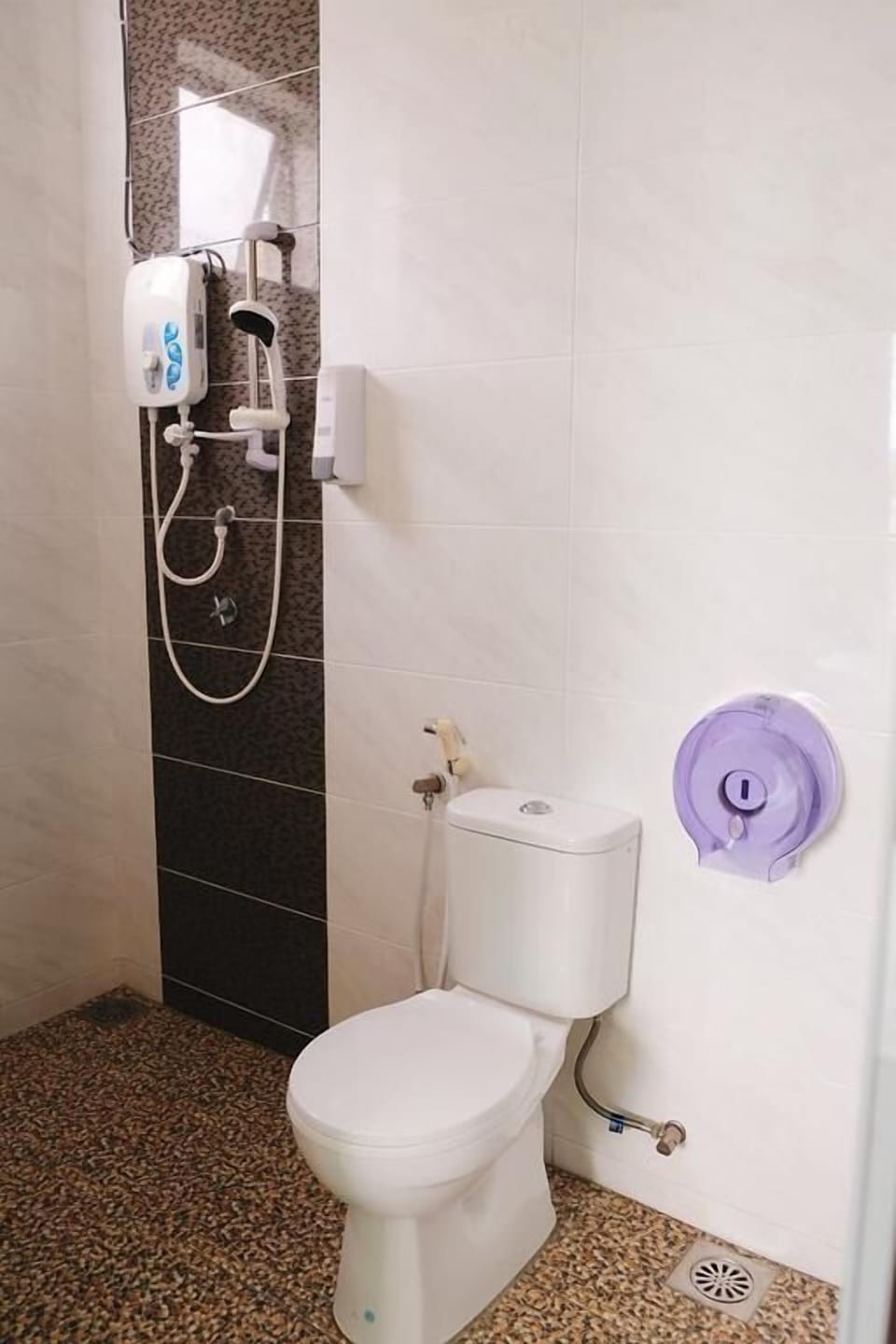 Shower, towels, shampoo, toilet paper