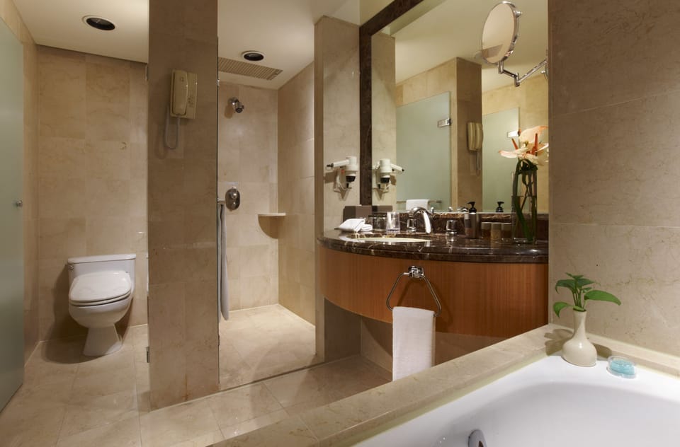 Separate tub and shower, deep soaking tub, free toiletries, hair dryer