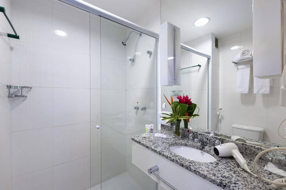 Shower, eco-friendly toiletries, hair dryer, towels