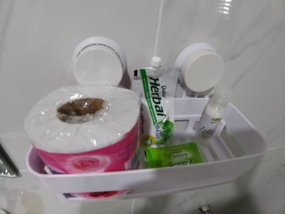 Shower, free toiletries, towels, soap
