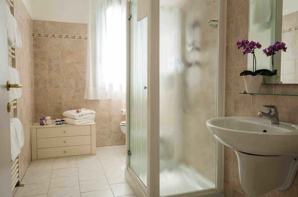 Shower, free toiletries, hair dryer, bidet