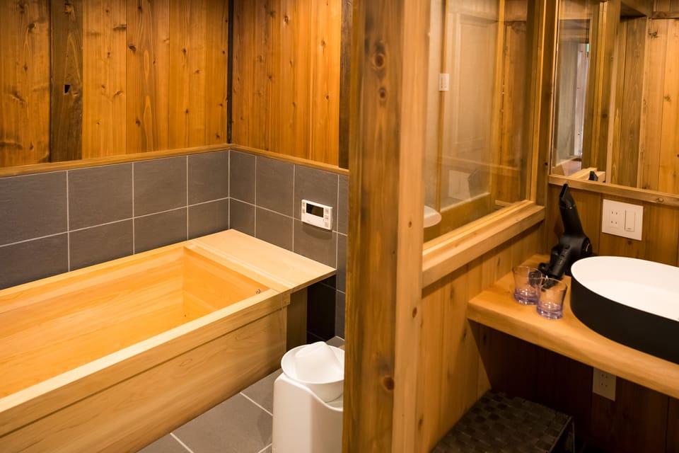 Combined shower/tub, free toiletries, hair dryer, slippers