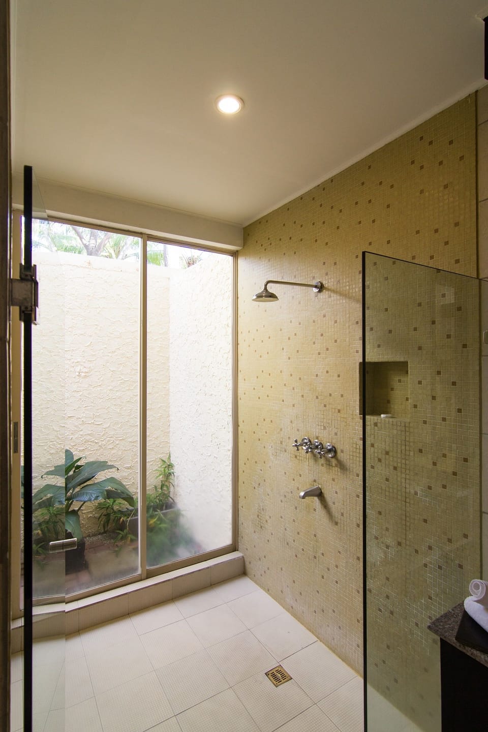 Shower, rainfall showerhead, free toiletries, hair dryer
