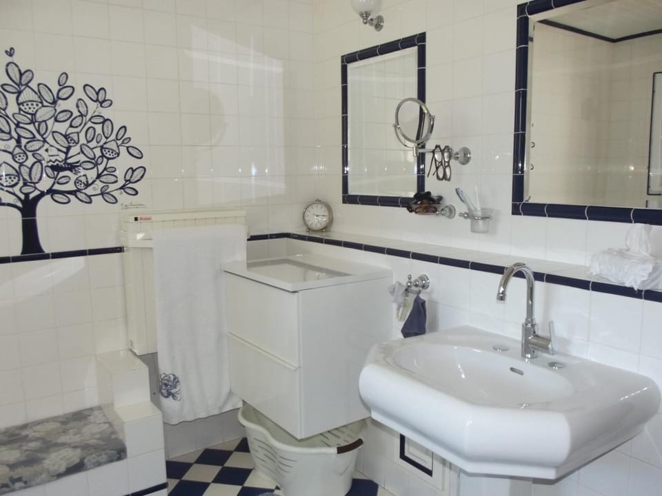 Separate tub and shower, hair dryer, towels, toilet paper
