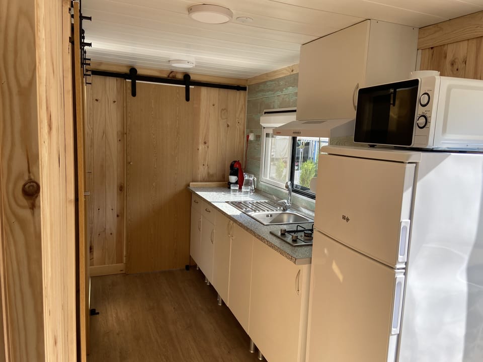 Fridge, microwave, stovetop, coffee/tea maker