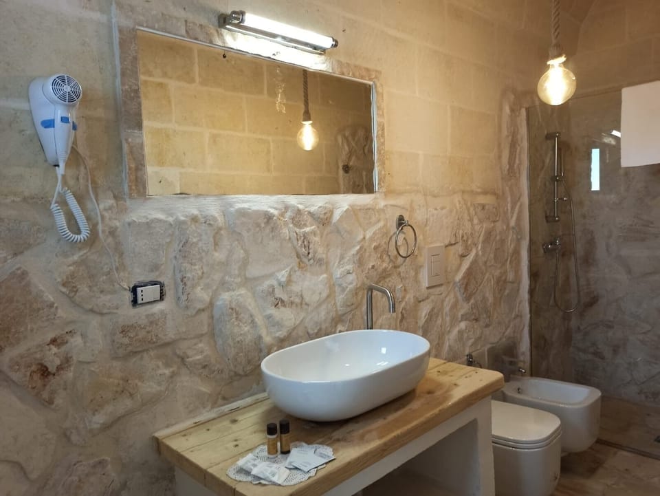 Shower, rainfall showerhead, free toiletries, hair dryer