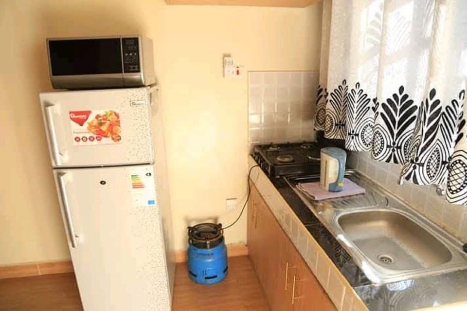 Fridge, microwave, stovetop, cookware/dishes/utensils