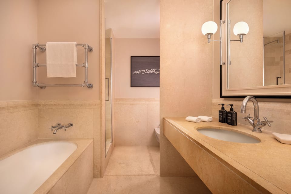 Combined shower/tub, hair dryer, bidet, towels