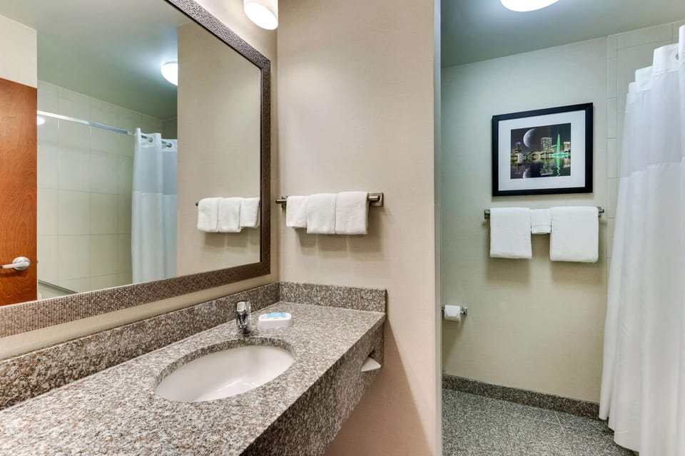 Combined shower/tub, free toiletries, hair dryer, towels