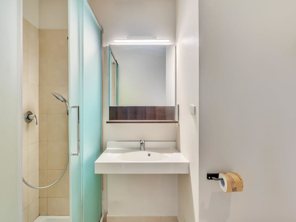 Shower, hair dryer, bidet, towels