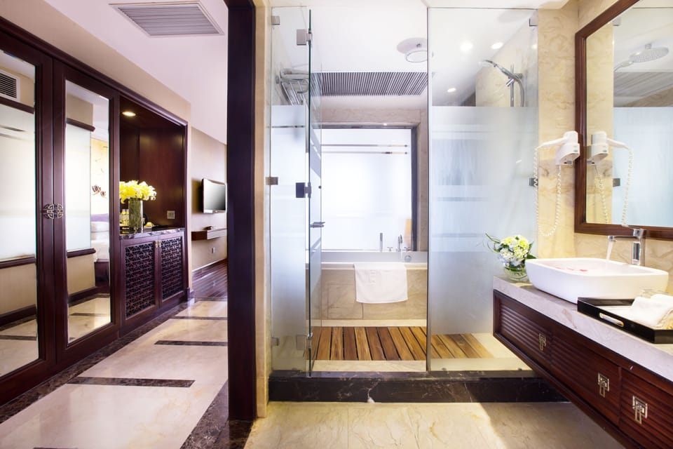Deep soaking tub, eco-friendly toiletries, hair dryer, bathrobes