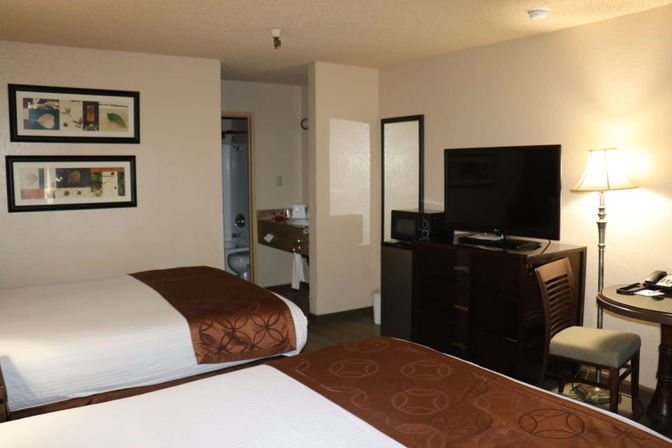 Premium bedding, desk, laptop workspace, blackout drapes