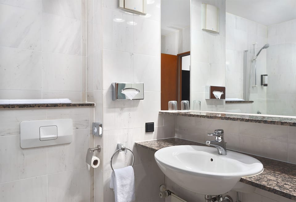 Hair dryer, towels, soap, shampoo