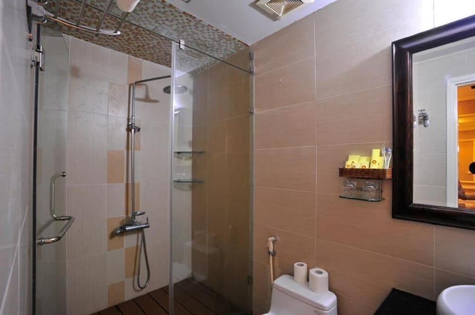 Shower, hydromassage showerhead, designer toiletries, hair dryer