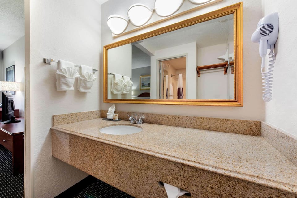 Combined shower/tub, free toiletries, hair dryer, towels