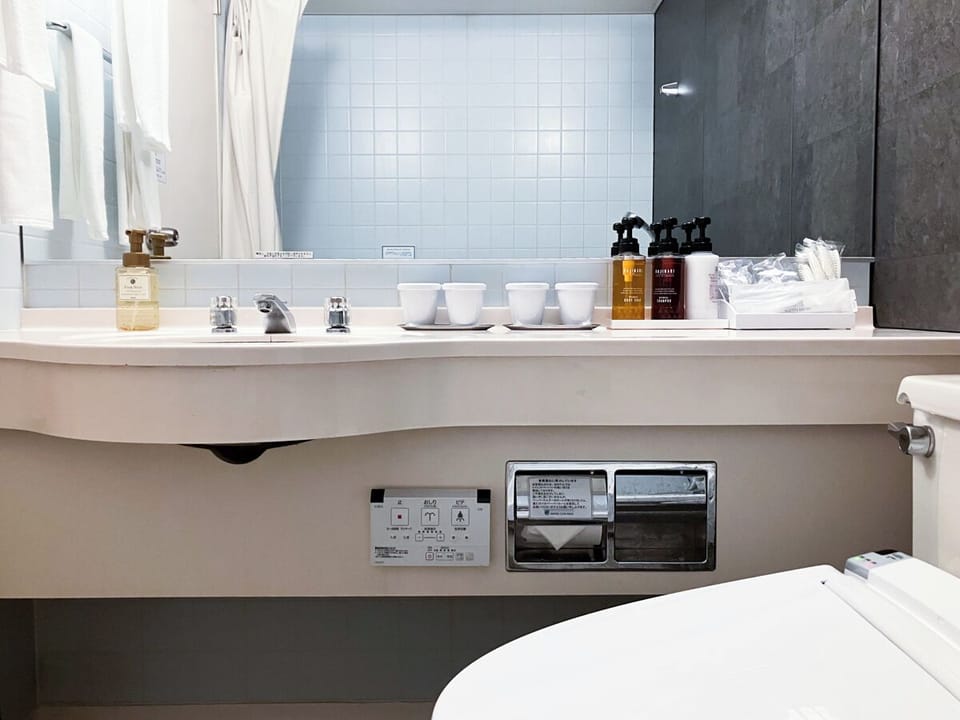 Combined shower/tub, free toiletries, hair dryer, slippers