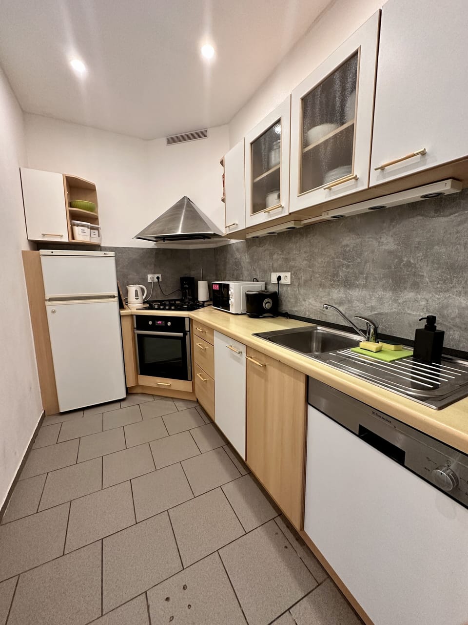 Full-size fridge, microwave, dishwasher, coffee/tea maker