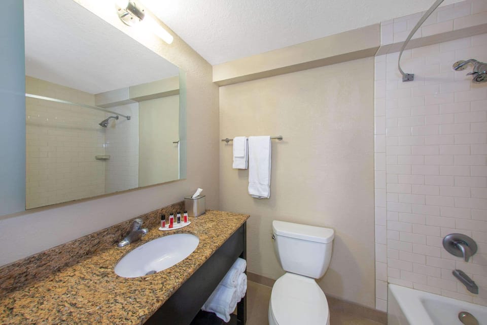Combined shower/tub, free toiletries, hair dryer, towels
