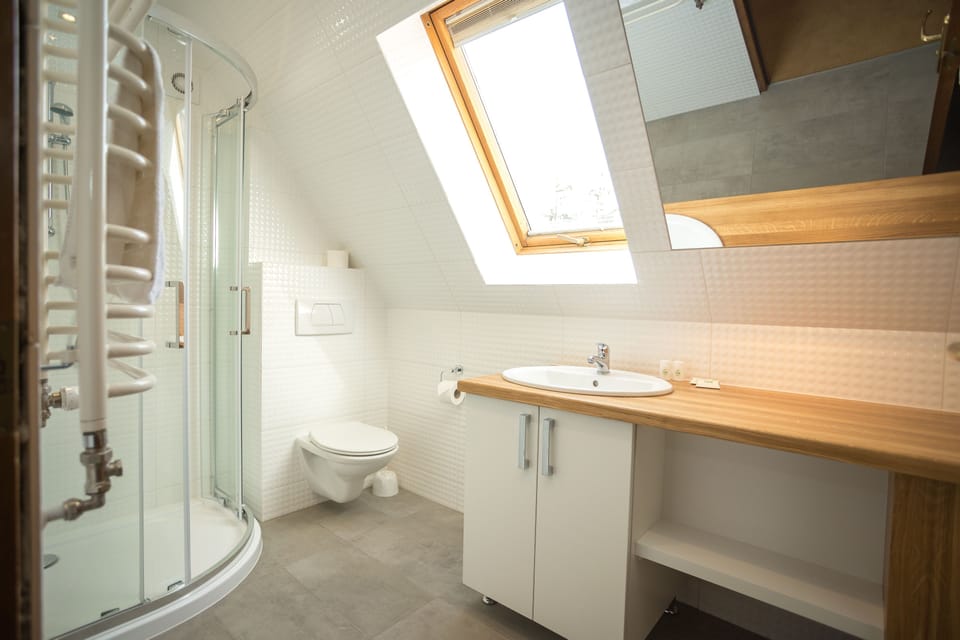 Bathtub, hair dryer, towels, soap