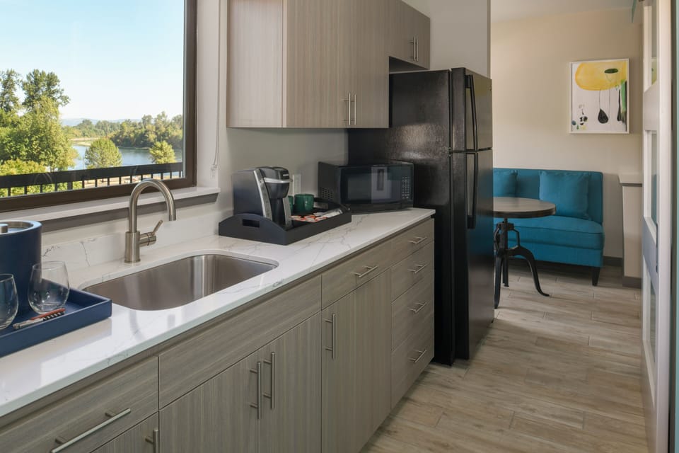 Mini-fridge, microwave, coffee/tea maker