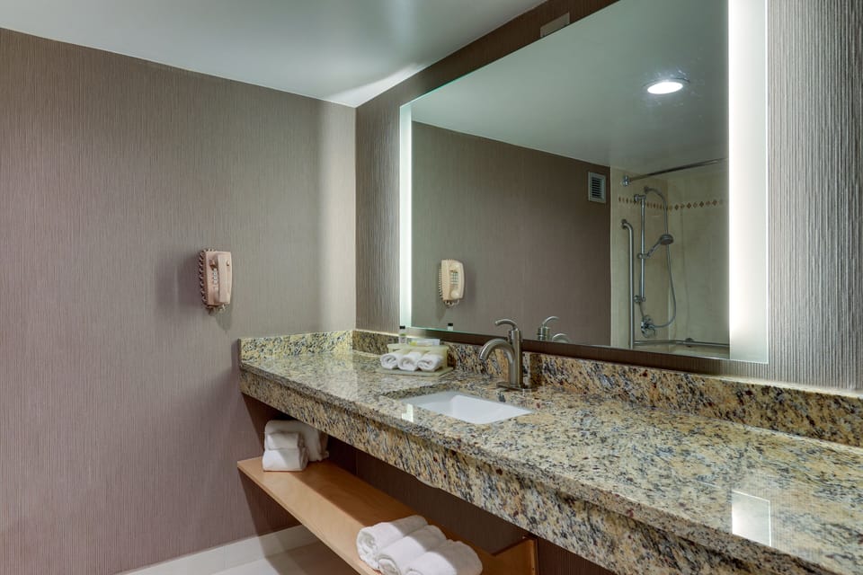 Combined shower/tub, eco-friendly toiletries, hair dryer, towels