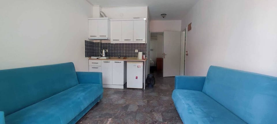 Mini-fridge, electric kettle, cleaning supplies, paper towels