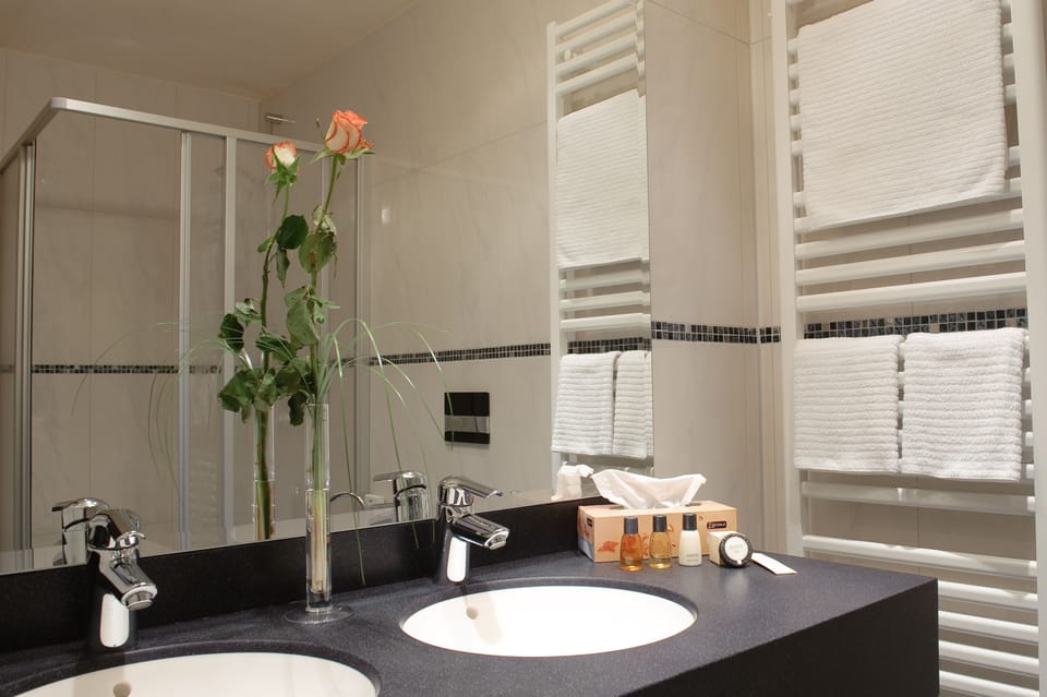 Shower, free toiletries, hair dryer, slippers