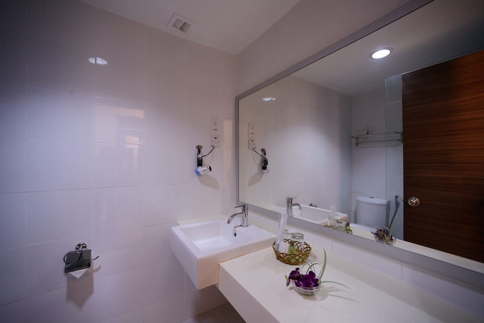 Shower, hair dryer, bidet, towels