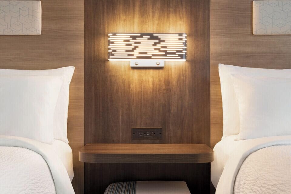 Premium bedding, pillowtop beds, desk, laptop workspace