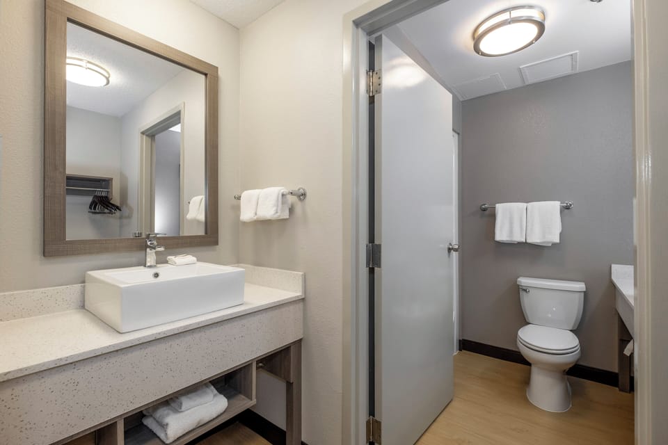 Premium Room, 1 King Bed (Upgraded Bedding & Snack, Smoke Free) | Bathroom | Free toiletries, hair dryer, towels, soap