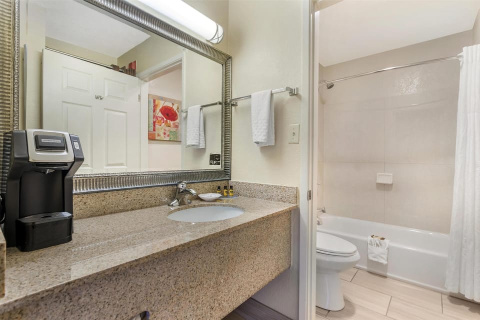 Combined shower/tub, free toiletries, hair dryer, towels