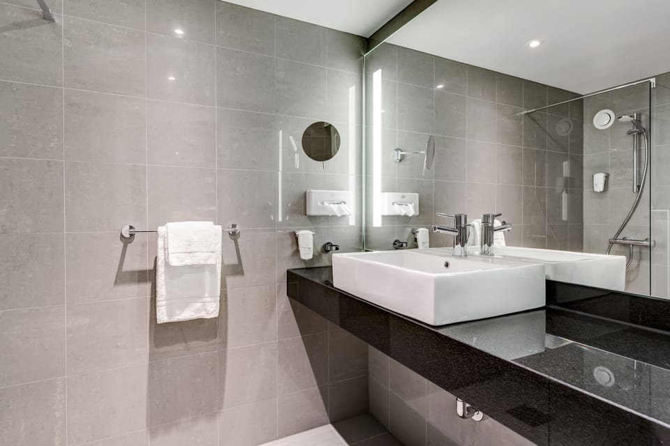 Free toiletries, hair dryer, heated floors, towels