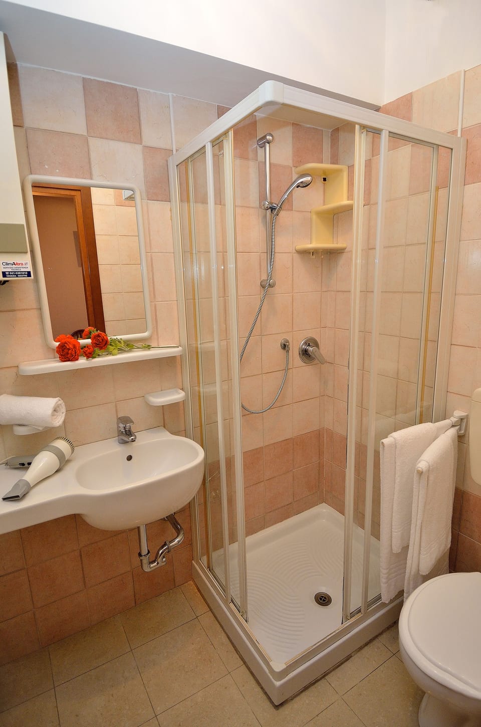 Shower, hair dryer, towels
