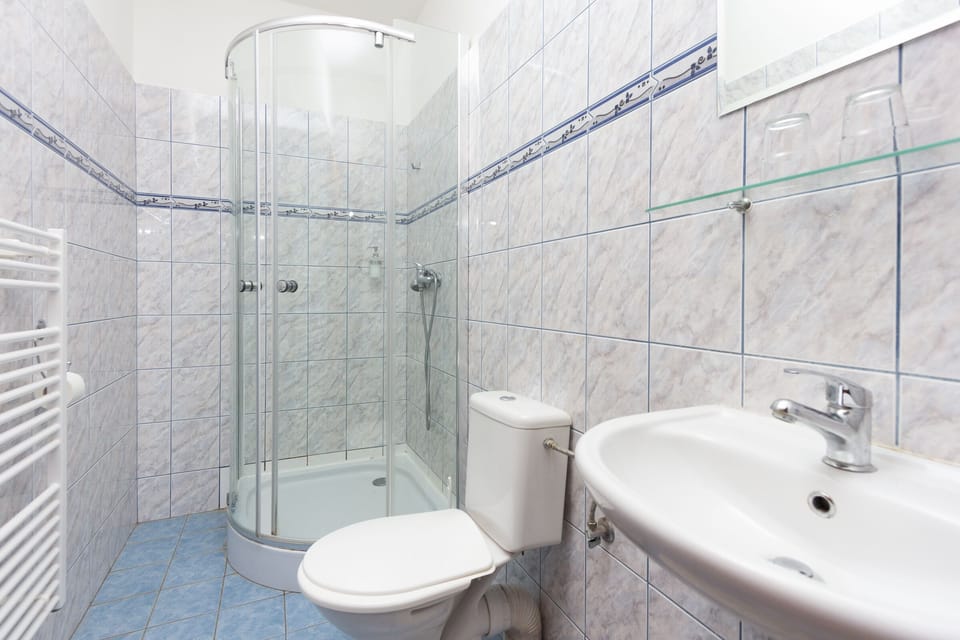 Shower, free toiletries, hair dryer, towels