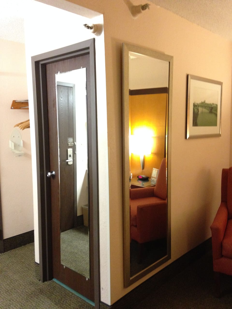 Desk, laptop workspace, blackout drapes, iron/ironing board