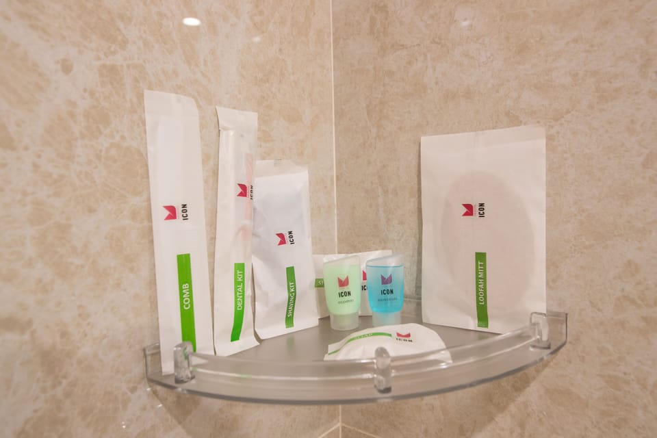 Shower, rainfall showerhead, free toiletries, hair dryer