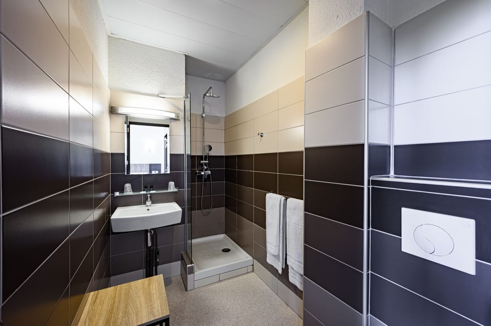Shower, free toiletries, hair dryer, towels