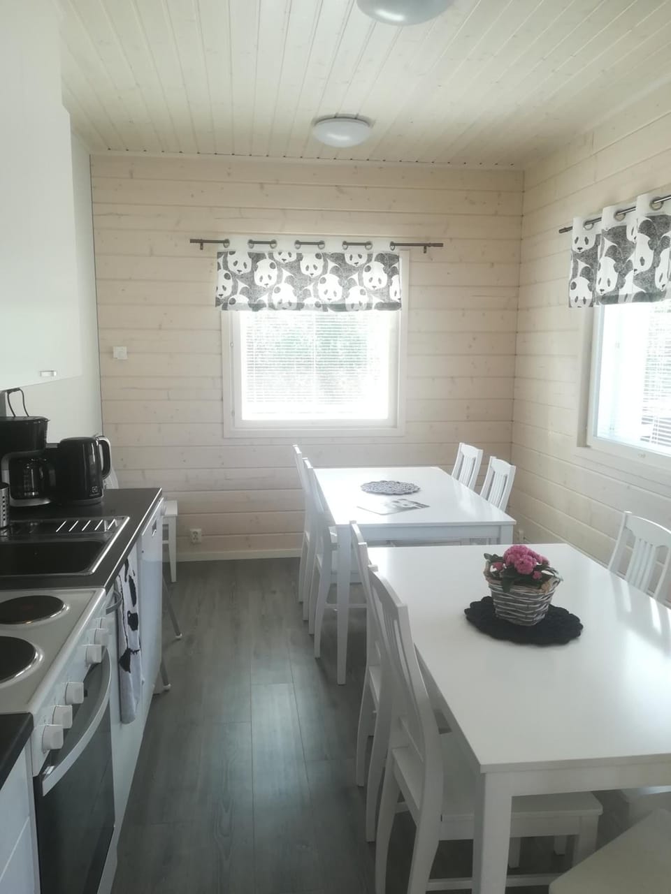 Fridge, coffee/tea maker, highchair, cleaning supplies