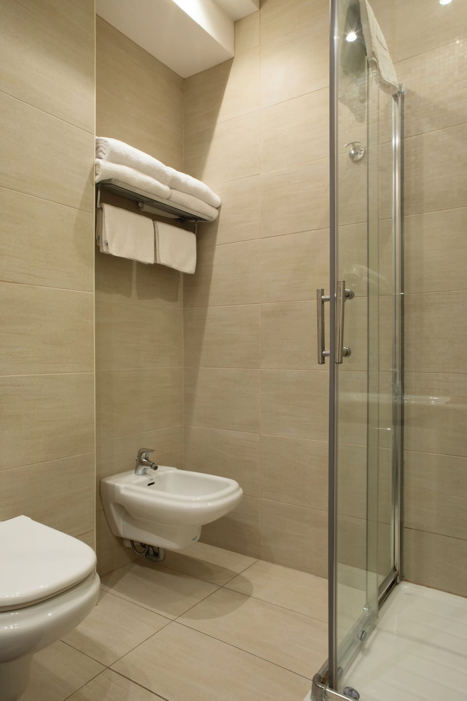 Shower, free toiletries, bidet, towels