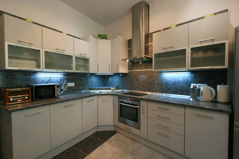 Apartment | Private kitchen | Full-size fridge, microwave, oven, stovetop