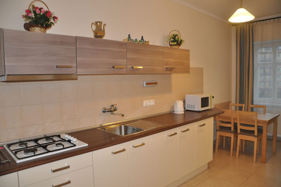 Apartment | Private kitchen | Full-size fridge, microwave, oven, stovetop