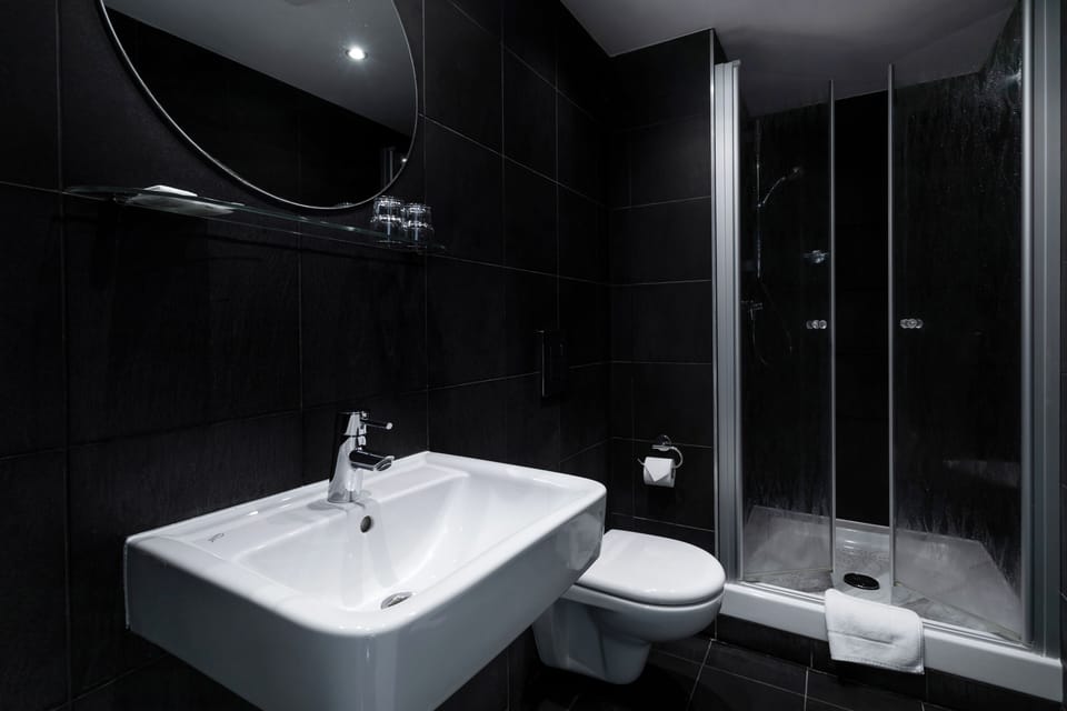 Combined shower/tub, free toiletries, hair dryer, towels