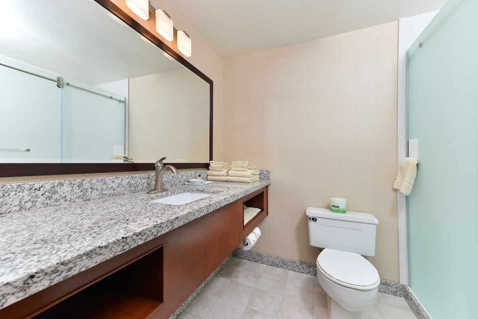 Shower, free toiletries, hair dryer, towels