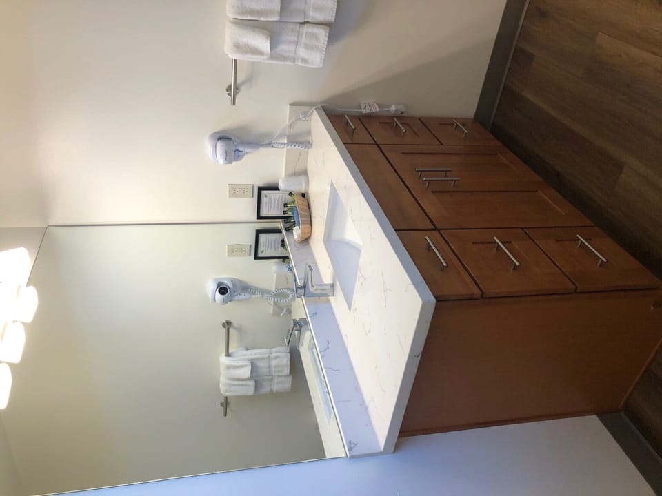 Combined shower/tub, free toiletries, hair dryer, towels